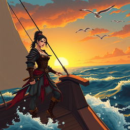 An illustration of a fierce Asian woman samurai confidently standing on the deck of a pirate ship
