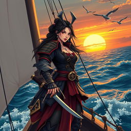 An illustration of a fierce Asian woman samurai confidently standing on the deck of a pirate ship