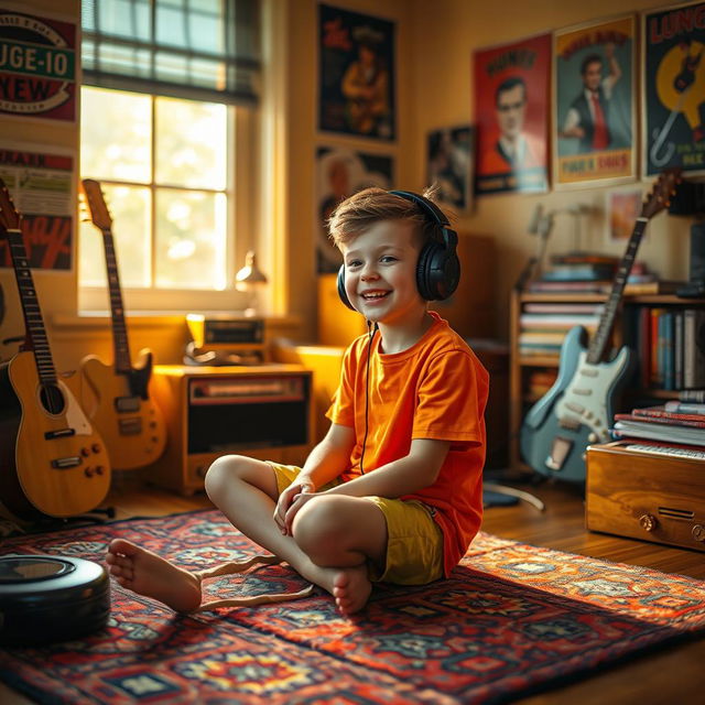 A young boy with a joyful expression sitting on a colorful rug inside a cozy room, wearing headphones and immersing himself in music from a vintage radio placed on a polished wooden table