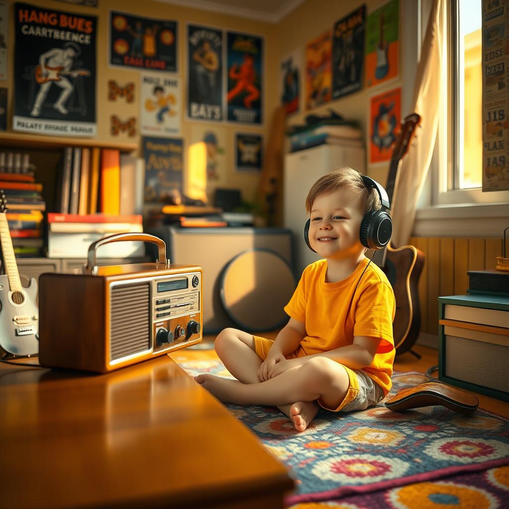 A young boy with a joyful expression sitting on a colorful rug inside a cozy room, wearing headphones and immersing himself in music from a vintage radio placed on a polished wooden table