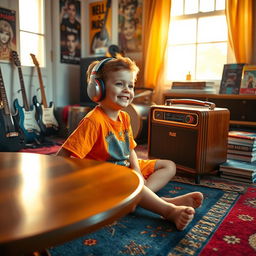 A young boy with a joyful expression sitting on a colorful rug inside a cozy room, wearing headphones and immersing himself in music from a vintage radio placed on a polished wooden table