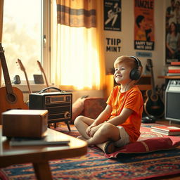 A young boy with a joyful expression sitting on a colorful rug inside a cozy room, wearing headphones and immersing himself in music from a vintage radio placed on a polished wooden table