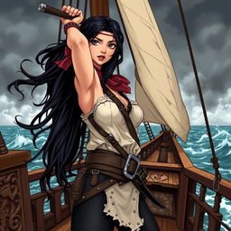 An illustration of a fierce Asian pirate woman standing confidently on the deck of a pirate ship