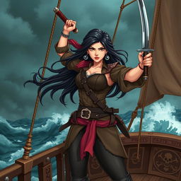 An illustration of a fierce Asian pirate woman standing confidently on the deck of a pirate ship