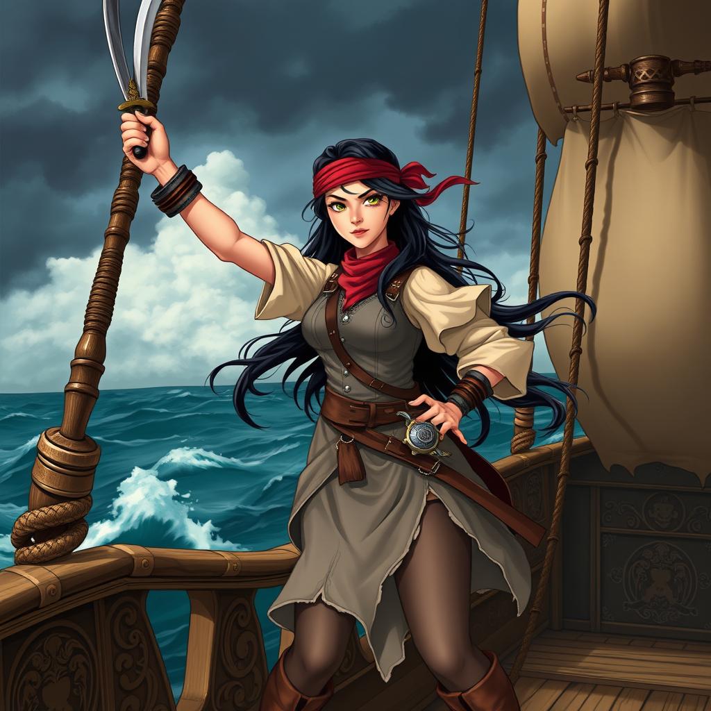 An illustration of a fierce Asian pirate woman standing confidently on the deck of a pirate ship