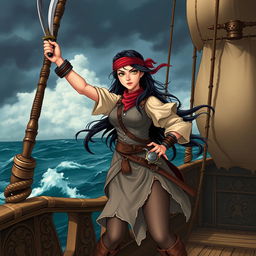 An illustration of a fierce Asian pirate woman standing confidently on the deck of a pirate ship