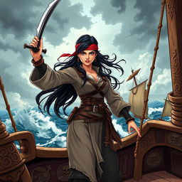 An illustration of a fierce Asian pirate woman standing confidently on the deck of a pirate ship
