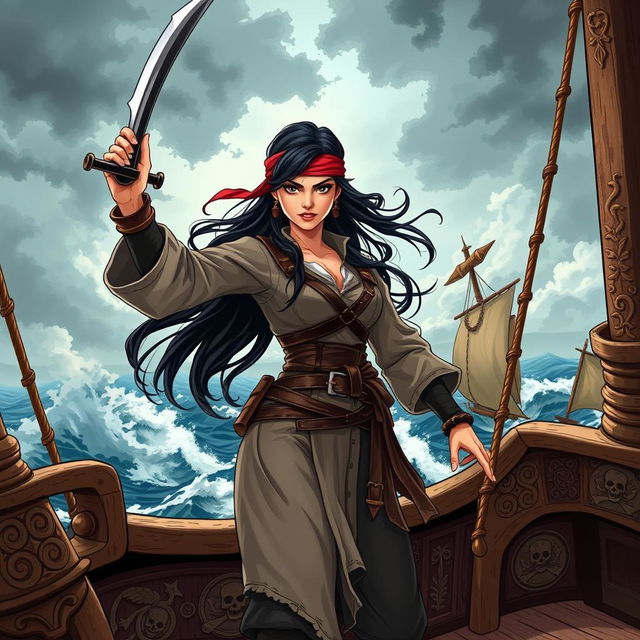 An illustration of a fierce Asian pirate woman standing confidently on the deck of a pirate ship