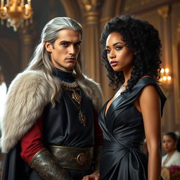 A tall young king with striking gray eyes and long silver hair stands confidently, facing a young woman with beautiful curly black hair, light skin, and dressed in a elegant black satin gown