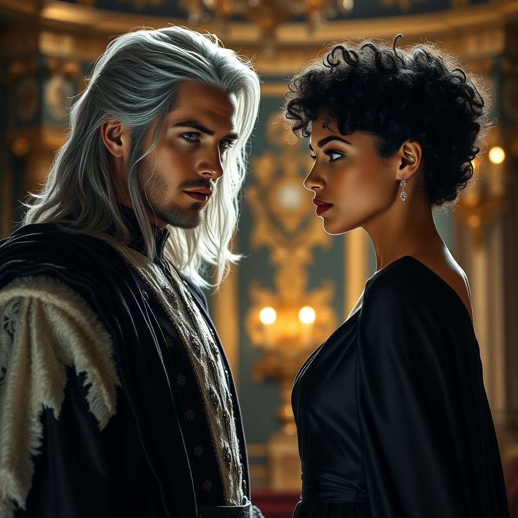 A tall young king with striking gray eyes and long silver hair stands confidently, facing a young woman with beautiful curly black hair, light skin, and dressed in a elegant black satin gown