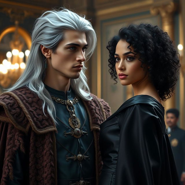 A tall young king with striking gray eyes and long silver hair stands confidently, facing a young woman with beautiful curly black hair, light skin, and dressed in a elegant black satin gown