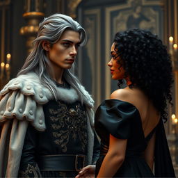A tall young king with striking gray eyes and long silver hair stands confidently, facing a young woman with beautiful curly black hair, light skin, and dressed in a elegant black satin gown