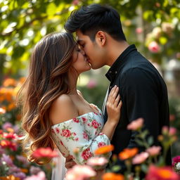 A romantic and intimate scene of two lovers kissing, surrounded by a beautiful natural setting, like a lovely garden filled with colorful flowers and soft sunlight filtering through the leaves