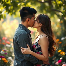 A romantic and intimate scene of two lovers kissing, surrounded by a beautiful natural setting, like a lovely garden filled with colorful flowers and soft sunlight filtering through the leaves