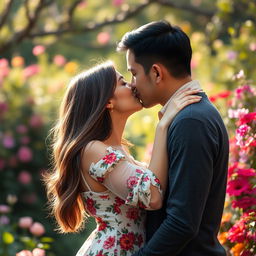 A romantic and intimate scene of two lovers kissing, surrounded by a beautiful natural setting, like a lovely garden filled with colorful flowers and soft sunlight filtering through the leaves