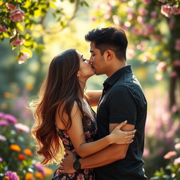 A romantic and intimate scene of two lovers kissing, surrounded by a beautiful natural setting, like a lovely garden filled with colorful flowers and soft sunlight filtering through the leaves
