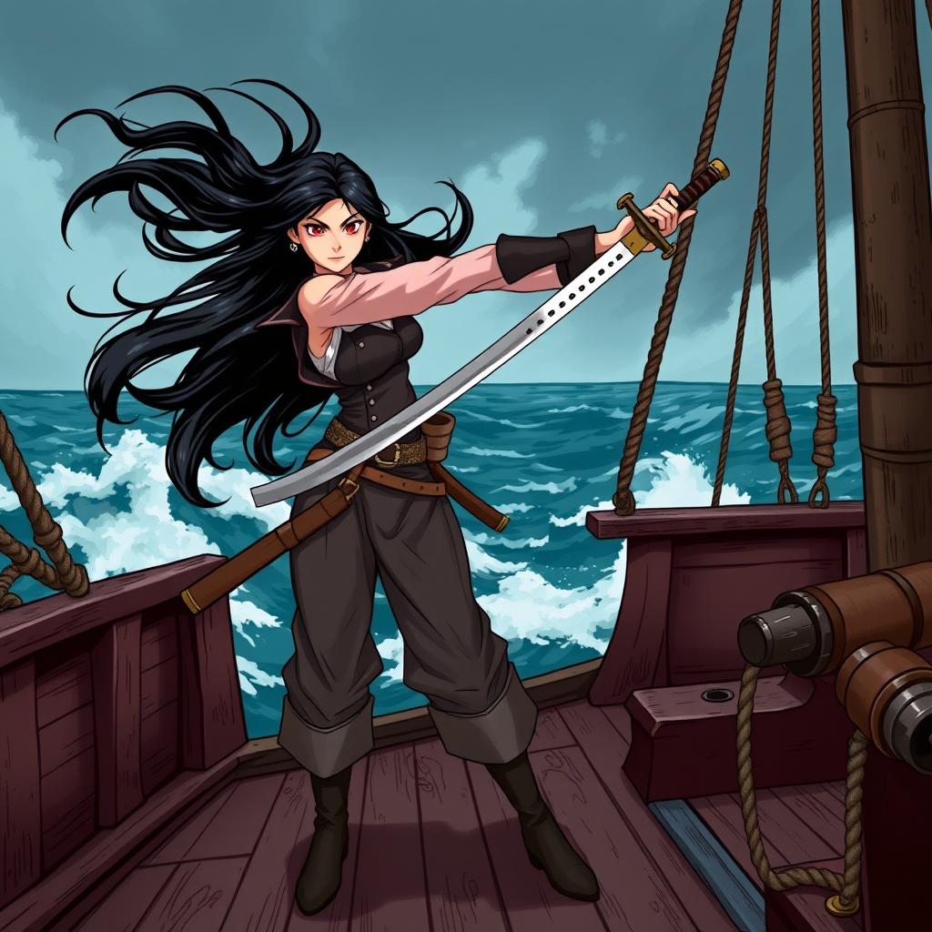 An illustration of an Asian pirate woman confidently wielding a katana aboard a pirate ship