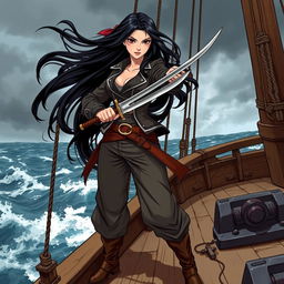 An illustration of an Asian pirate woman confidently wielding a katana aboard a pirate ship