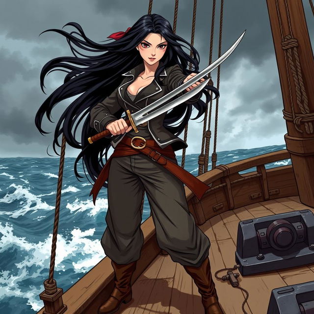 An illustration of an Asian pirate woman confidently wielding a katana aboard a pirate ship