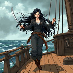 An illustration of an Asian pirate woman confidently wielding a katana aboard a pirate ship