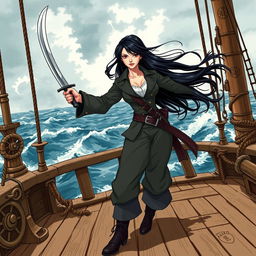 An illustration of an Asian pirate woman confidently wielding a katana aboard a pirate ship