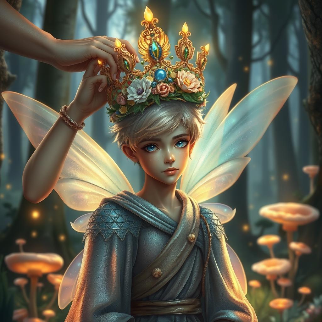 A male fairy with iridescent wings, adorned in shimmering robes, is being crowned with a beautifully ornate crown made of flowers and jewels, surrounded by a magical forest filled with sparkling lights and mystical flora