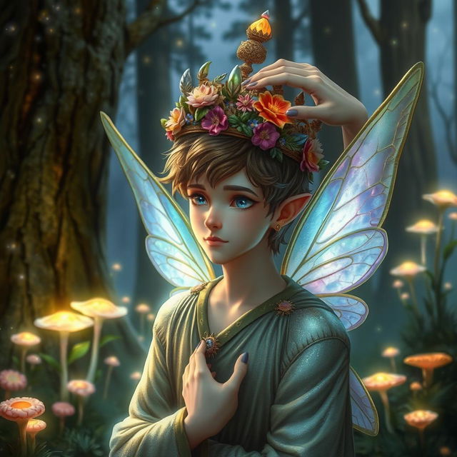 A male fairy with iridescent wings, adorned in shimmering robes, is being crowned with a beautifully ornate crown made of flowers and jewels, surrounded by a magical forest filled with sparkling lights and mystical flora