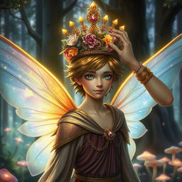 A male fairy with iridescent wings, adorned in shimmering robes, is being crowned with a beautifully ornate crown made of flowers and jewels, surrounded by a magical forest filled with sparkling lights and mystical flora
