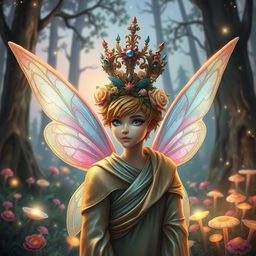 A male fairy with iridescent wings, adorned in shimmering robes, is being crowned with a beautifully ornate crown made of flowers and jewels, surrounded by a magical forest filled with sparkling lights and mystical flora