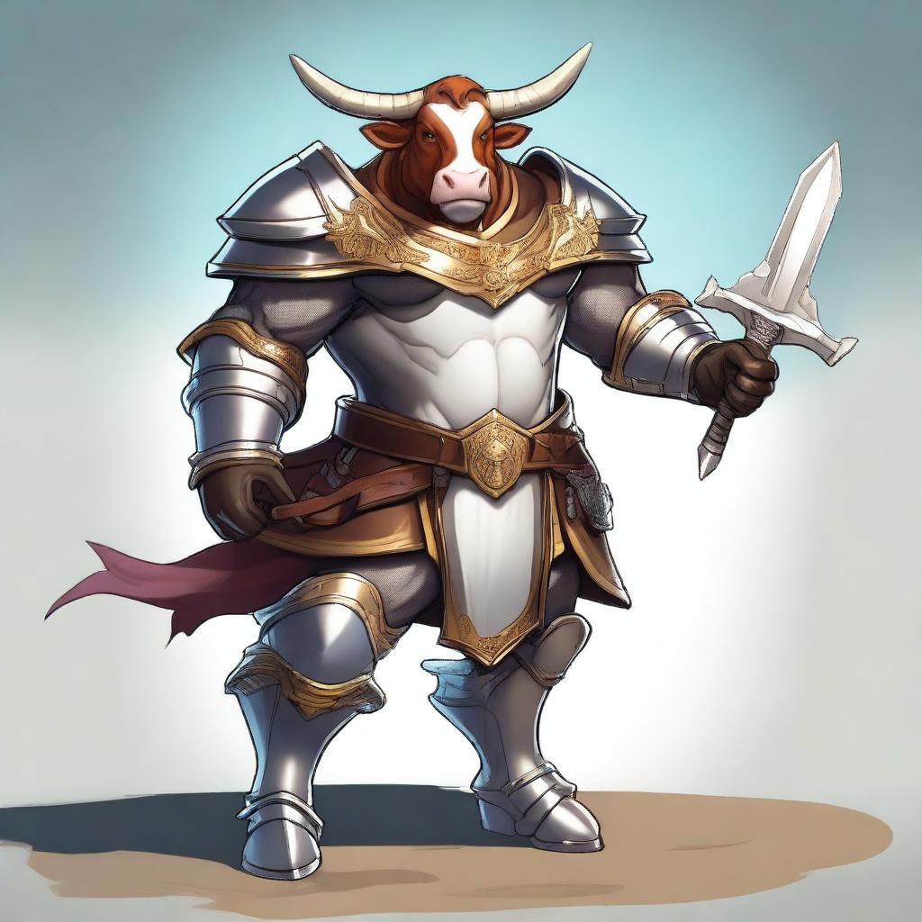 A high quality digital art piece featuring a noble cow character, armed with a shining sword and sturdy shield, standing in a heroic pose