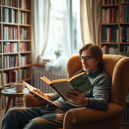 A serene scene featuring a man deeply engrossed in reading a book, sitting comfortably in a cozy armchair with soft lighting surrounding him