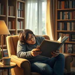 A serene scene featuring a man deeply engrossed in reading a book, sitting comfortably in a cozy armchair with soft lighting surrounding him