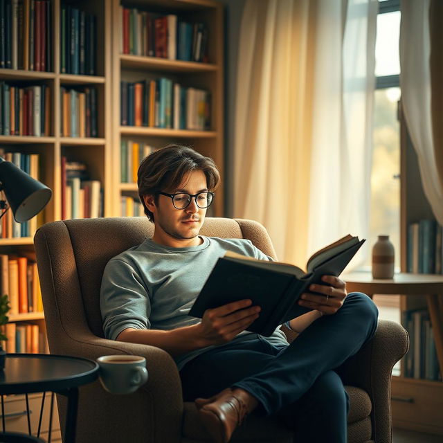 A serene scene featuring a man deeply engrossed in reading a book, sitting comfortably in a cozy armchair with soft lighting surrounding him