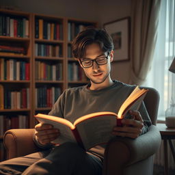 A serene scene featuring a man deeply engrossed in reading a book, sitting comfortably in a cozy armchair with soft lighting surrounding him