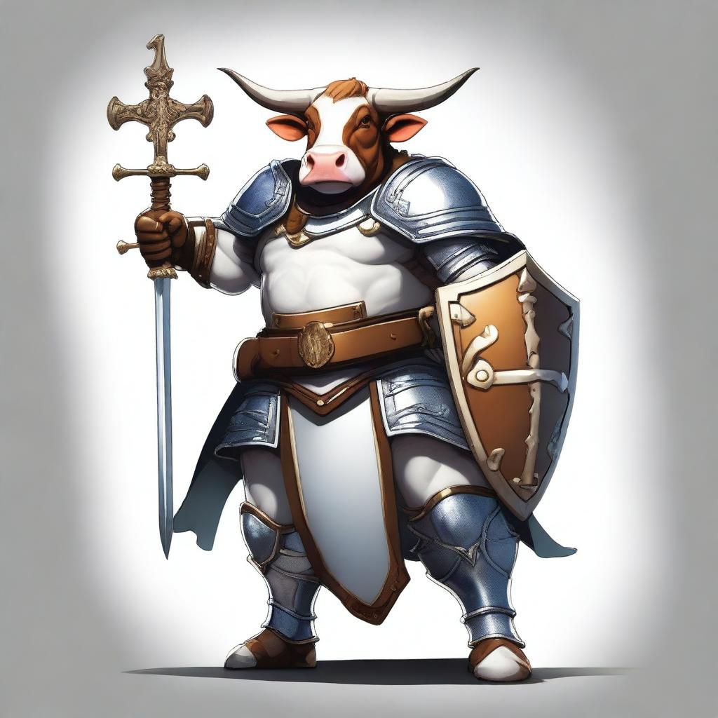 A high quality digital art piece featuring a noble cow character, armed with a shining sword and sturdy shield, standing in a heroic pose