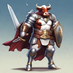 A high quality digital art piece featuring a noble cow character, armed with a shining sword and sturdy shield, standing in a heroic pose