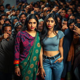 A portrait of two Bangladeshi girls in a vibrant scene, one wearing an intricately patterned salwar kameez adorned with vivid colors and a simple dot on her forehead, and the other dressed in trendy jeans and a cropped top
