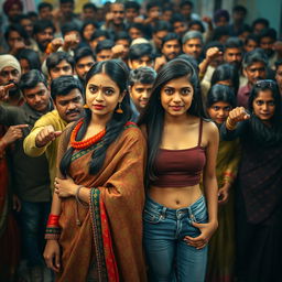 A portrait of two Bangladeshi girls in a vibrant scene, one wearing an intricately patterned salwar kameez adorned with vivid colors and a simple dot on her forehead, and the other dressed in trendy jeans and a cropped top
