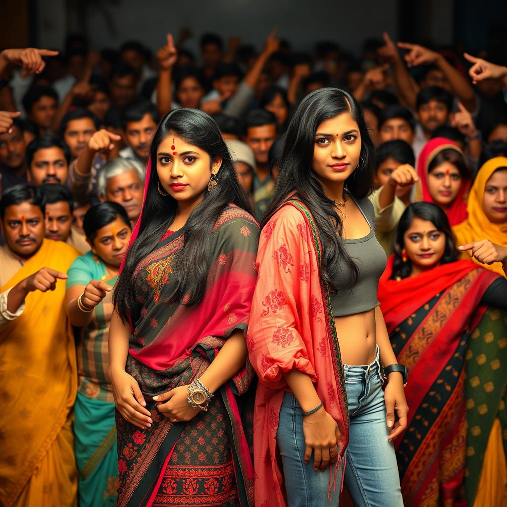 A portrait of two Bangladeshi girls in a vibrant scene, one wearing an intricately patterned salwar kameez adorned with vivid colors and a simple dot on her forehead, and the other dressed in trendy jeans and a cropped top