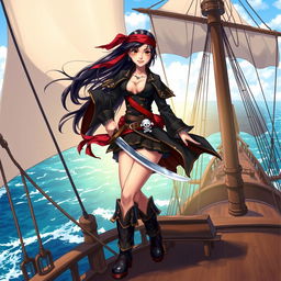 An illustration of an Asian pirate woman confidently holding a katana aboard a pirate ship