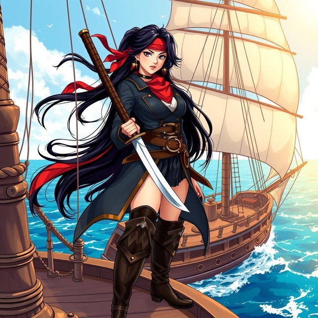 An illustration of an Asian pirate woman confidently holding a katana aboard a pirate ship