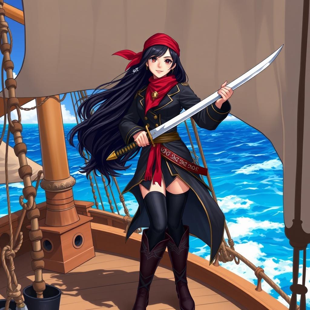 An illustration of an Asian pirate woman confidently holding a katana aboard a pirate ship