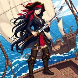 An illustration of an Asian pirate woman confidently holding a katana aboard a pirate ship