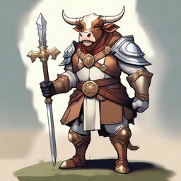 A high quality digital art piece featuring a noble cow character, armed with a shining sword and sturdy shield, standing in a heroic pose