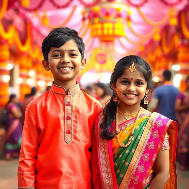 A cute Indian boy and a 16-year-old Indian girl, both wearing traditional Indian clothing, standing together in a cheerful pose