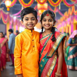 A cute Indian boy and a 16-year-old Indian girl, both wearing traditional Indian clothing, standing together in a cheerful pose