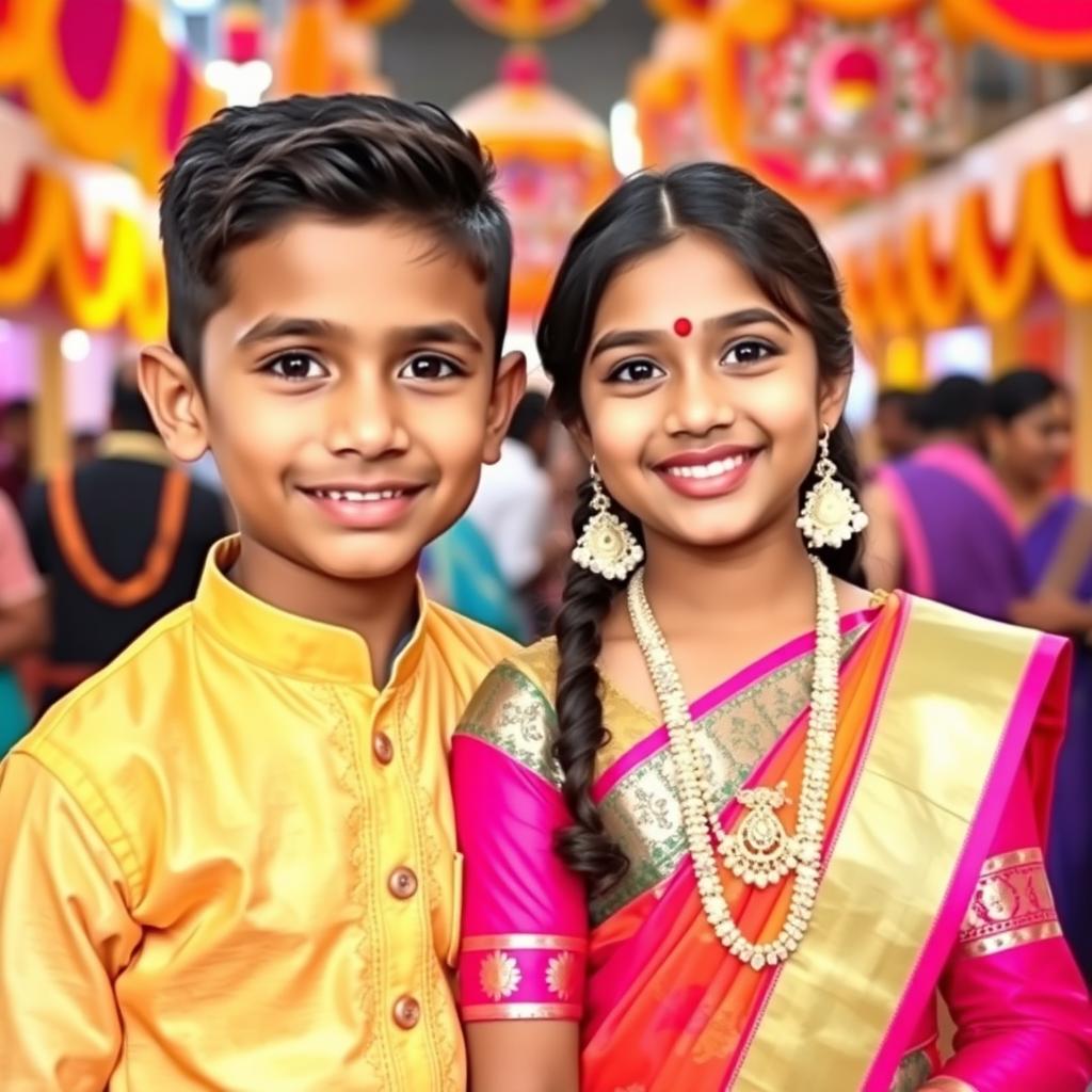A cute Indian boy and a 16-year-old Indian girl, both wearing traditional Indian clothing, standing together in a cheerful pose