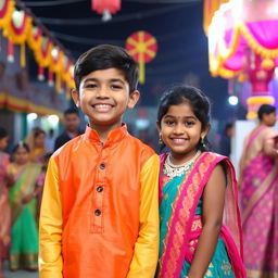 A cute Indian boy and a 16-year-old Indian girl, both wearing traditional Indian clothing, standing together in a cheerful pose