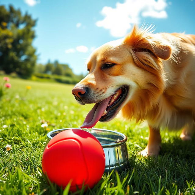 A joyful scene of a dog playfully drinking water from a bowl while simultaneously engaging with a colorful ball