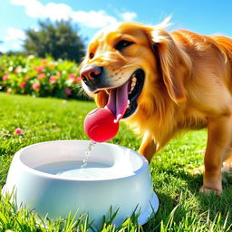 A joyful scene of a dog playfully drinking water from a bowl while simultaneously engaging with a colorful ball